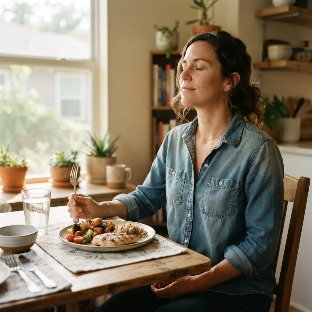 a person at a small kitchen table in Texas sunlight pausing between bites, fork down, eyes closed, taking a calm breath; visible plate with