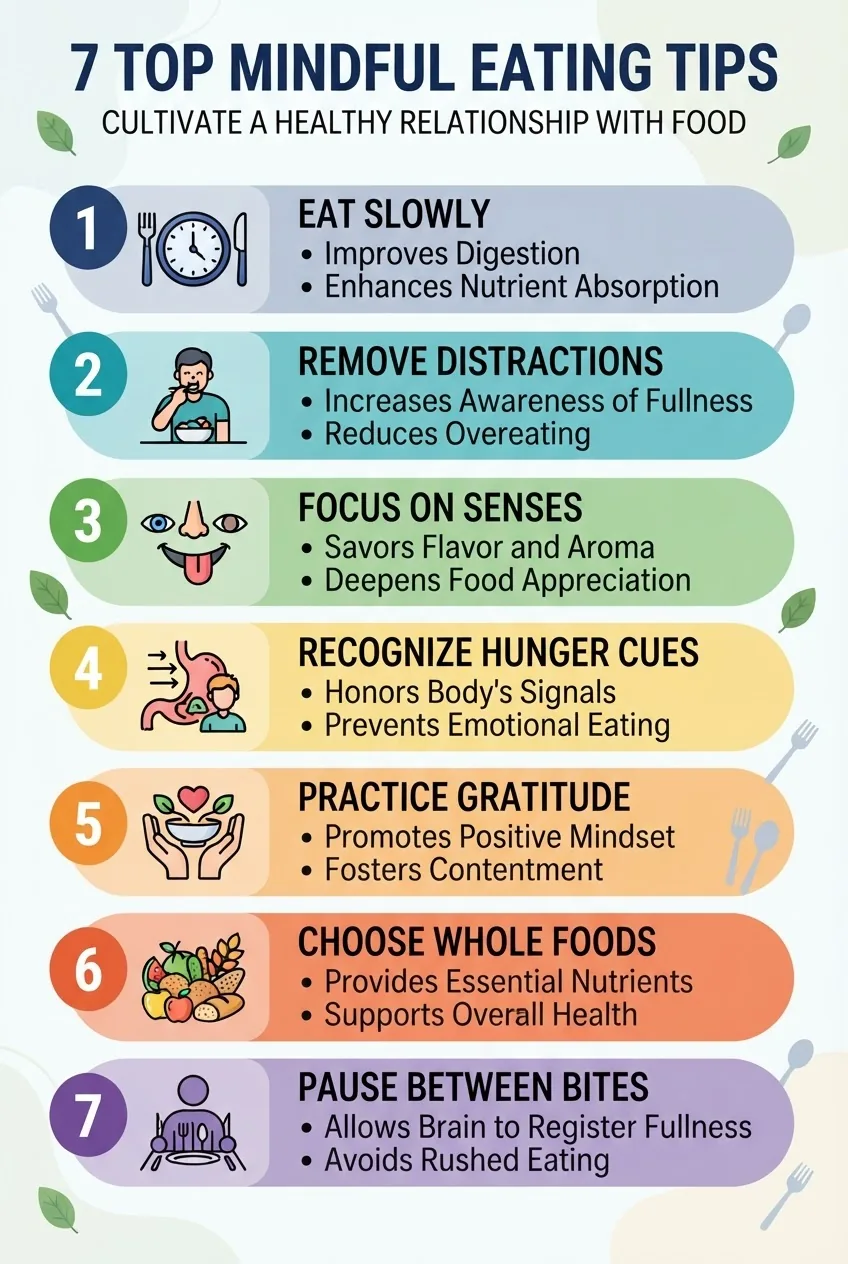 A clean infographic showing a numbered list of 7 top mindful eating tips with simple icons: 1) Eat slowly, 2) Remove distractions, 3) Focus
