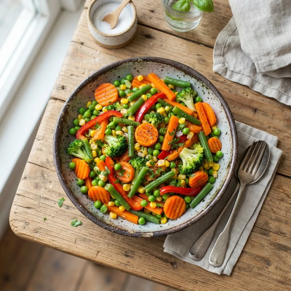 A clear, bright overhead photo of a fresh mixed vegetable medley in a bowl, featuring common vegetables such as carrots, peas, corn, and