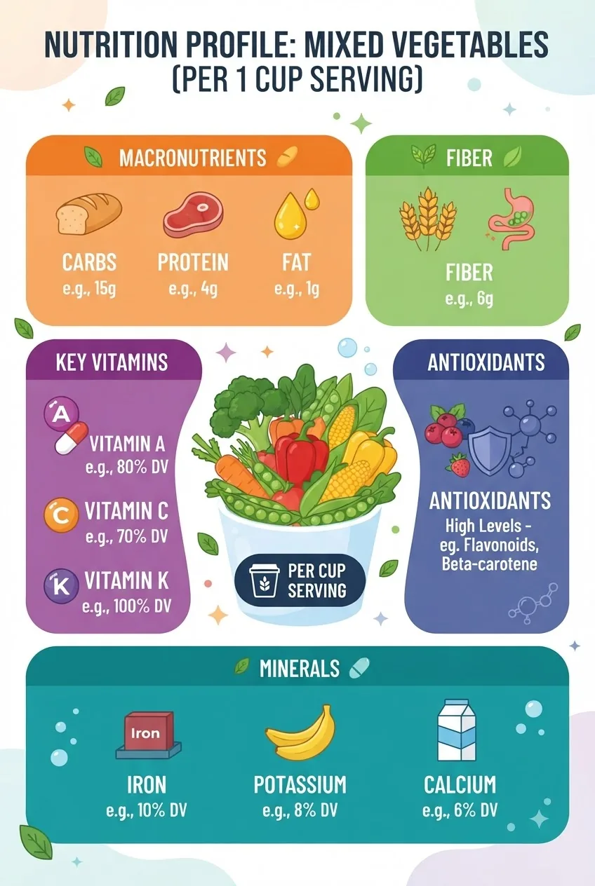 Infographic showing a segmented chart with nutrient categories: macronutrients (carbs, protein, fat), key vitamins (A, C, K), minerals