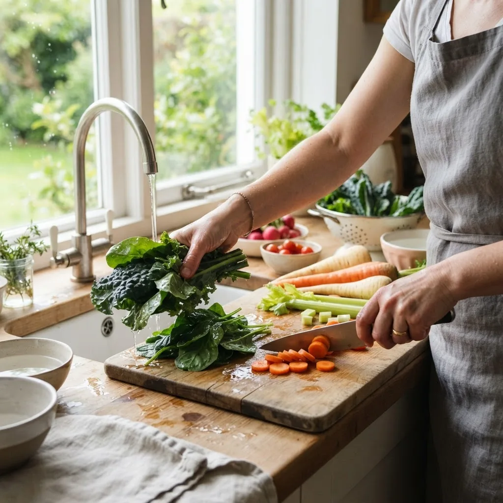 Bright kitchen setting with fresh leafy greens and root vegetables on a cutting board, a person’s hands washing and chopping veggies under