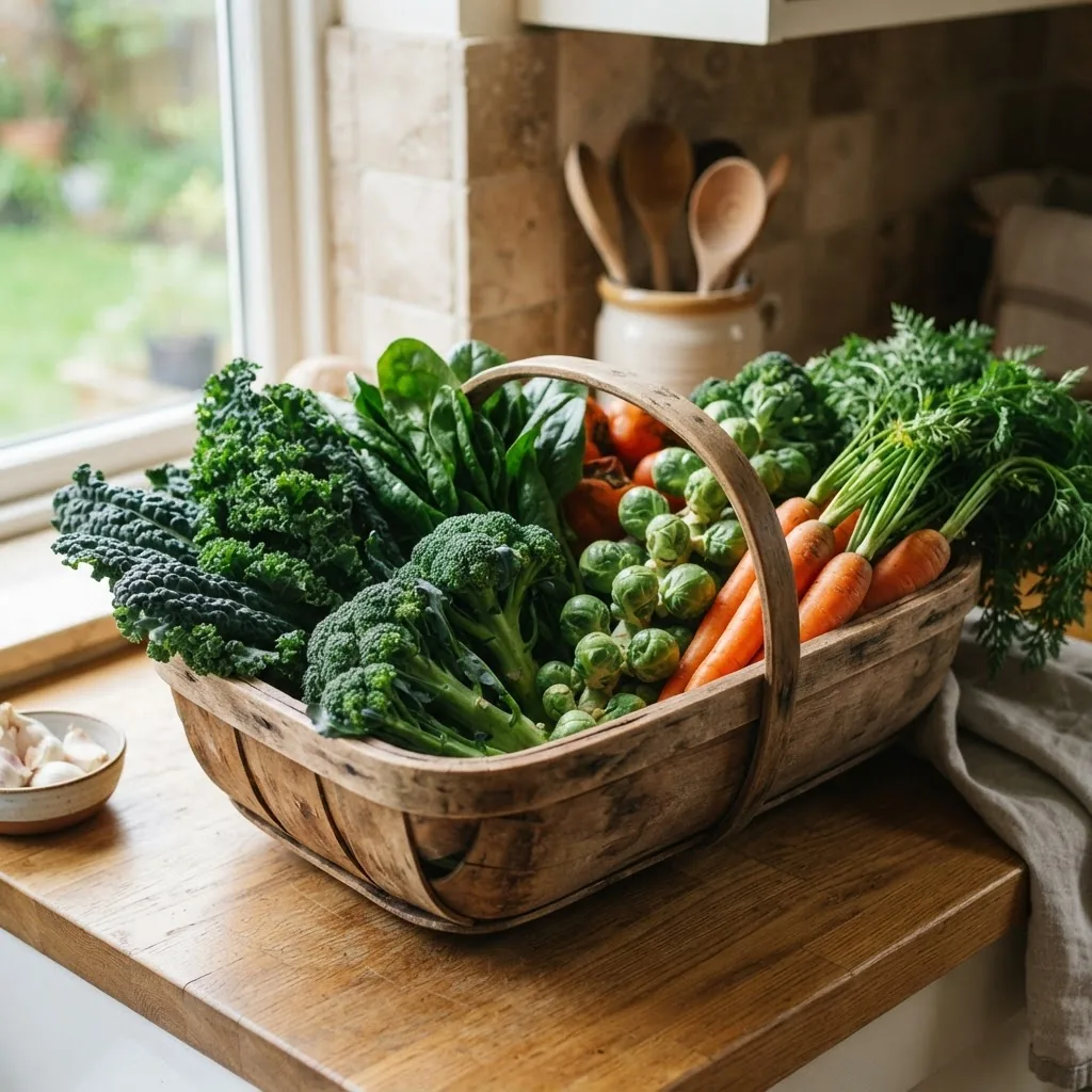 an assorted colorful variety of fresh nutrient-dense vegetables (kale, spinach, broccoli, Brussels sprouts, carrots) arranged in a rustic