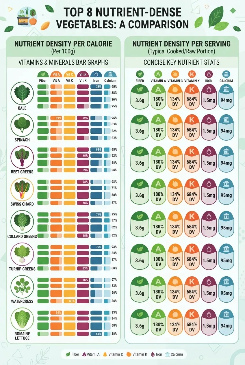 with two columns comparing top 8 nutrient dense vegetables: left column showing nutrient density per calorie with bar graphs for vitamins
