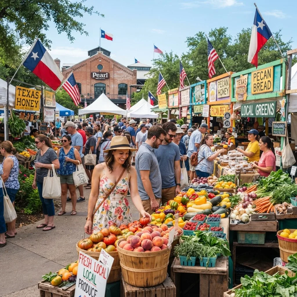 vibrant Texas farmer's market scene in bright daylight showing diverse fresh fruits and vegetables displayed in baskets, with happy