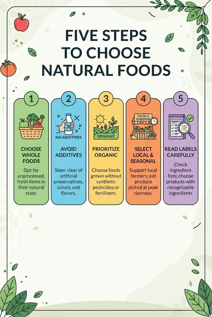 with five numbered steps to choose natural foods: 1) Choose whole foods, 2) Avoid additives, 3) Prioritize organic, 4) Select local and