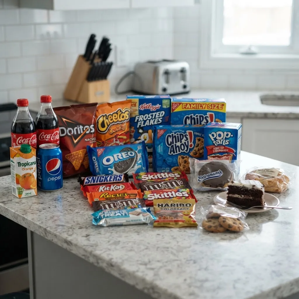 High-quality image of processed foods such as soda, candy bars, baked goods, and packaged snacks displayed on a kitchen counter, neutral