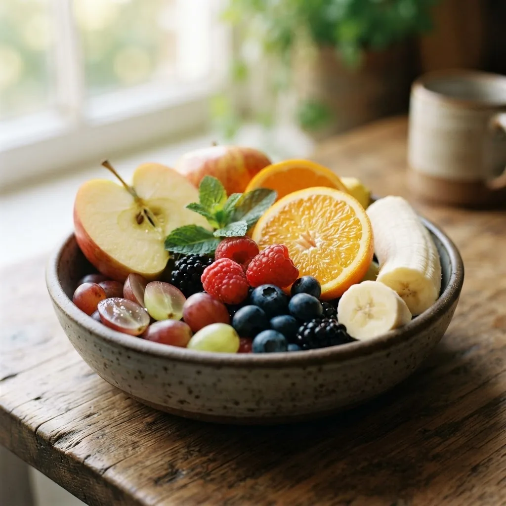 Close-up photograph of a bowl with colorful fresh fruits including apples, oranges, bananas, and berries, bright natural lighting, vibrant