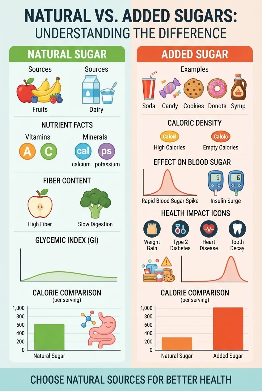 A clear infographic comparing natural and added sugars in a two-column layout: left column for natural sugar showing sources like fruits