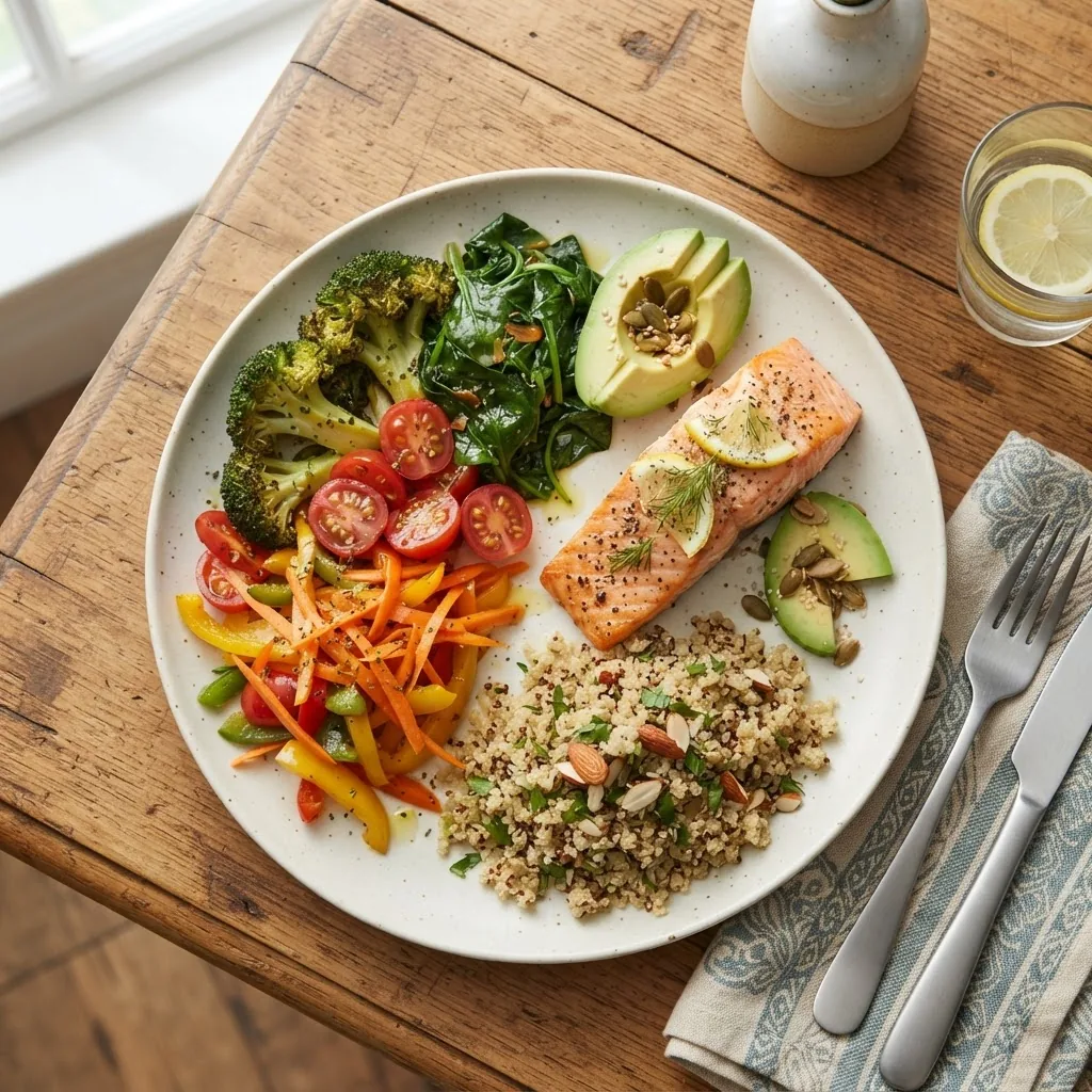 a balanced plated meal showing proper portion sizes based on new food pyramid guidelines, including vegetables, grains, lean protein, and