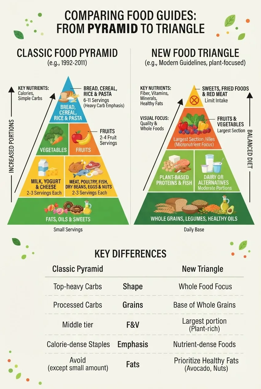 Infographic comparing the classic food pyramid vs. the new food triangle: two side-by-side diagrams showing differences in shape and food