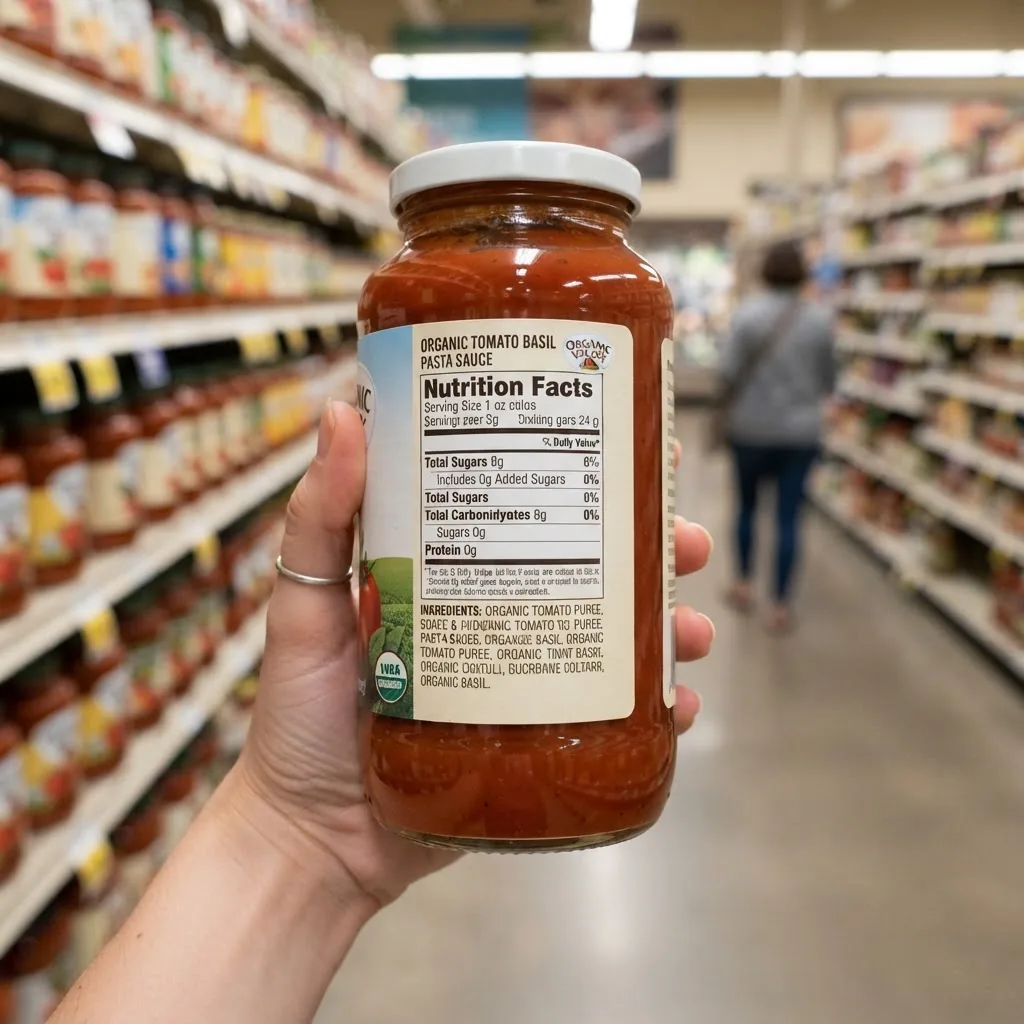 a hand holding a grocery product with visible nutrition label focused on the sugar and ingredient sections, against a grocery store aisle