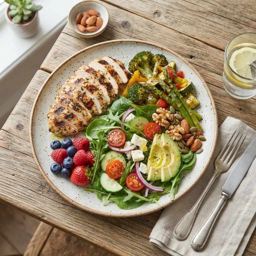 a balanced, colorful no sugar diet meal plate including fresh vegetables, grilled chicken, nuts, and a small serving of fruit, set on a