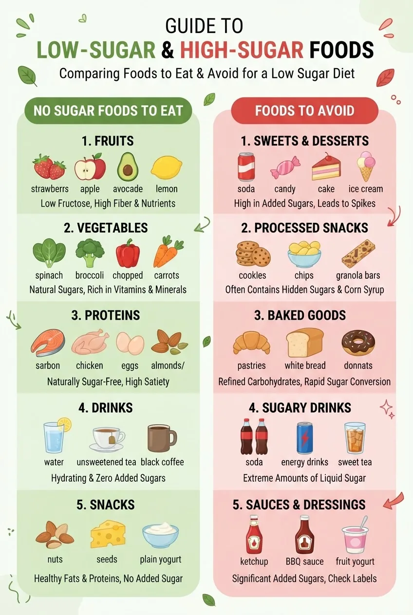 two columns: "No Sugar Foods to Eat" and "Foods to Avoid" with icons representing categories such as fruits, vegetables, proteins, drinks,