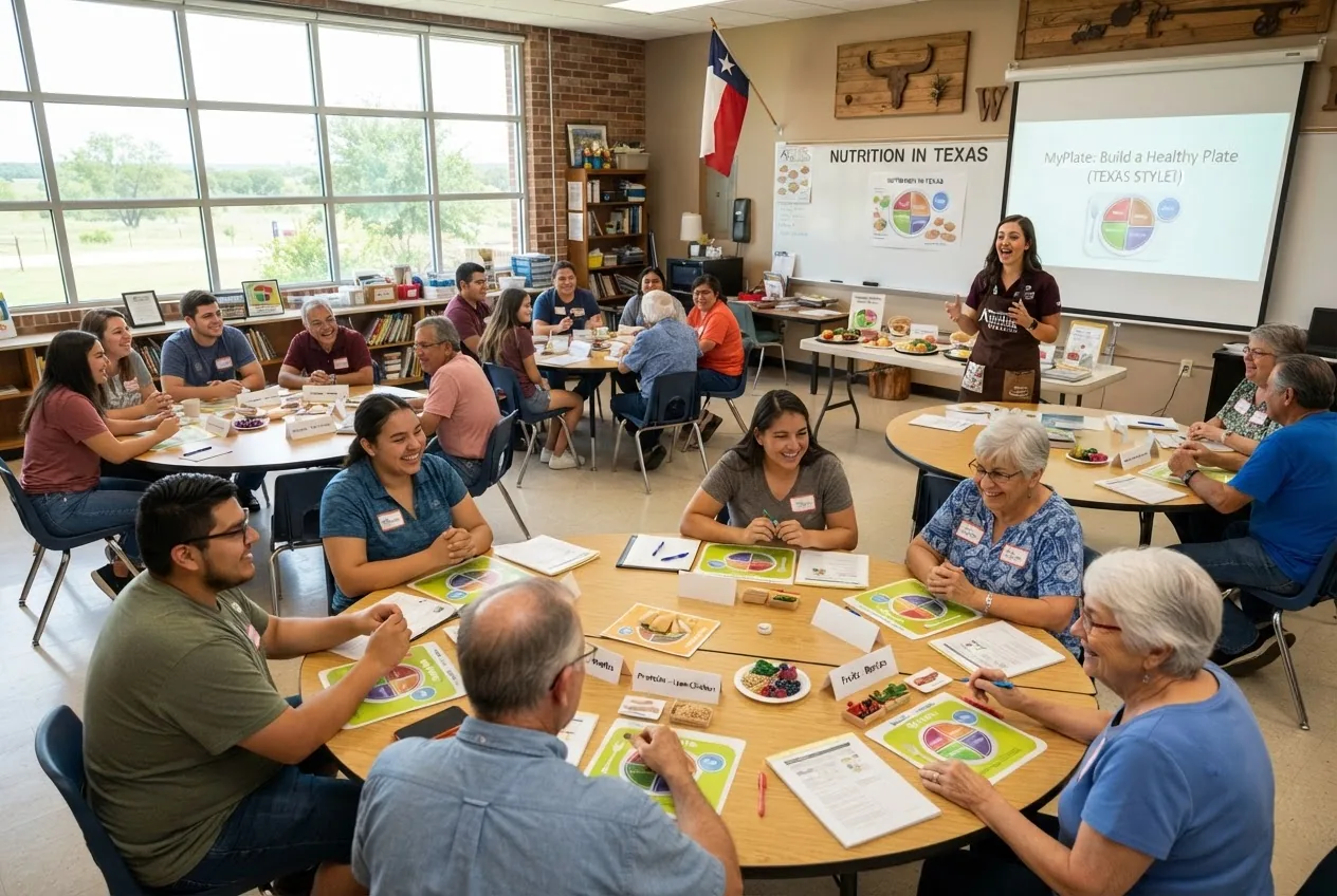 a community nutrition class in Texas with an instructor at the front, 20 participants in mixed ages working in small groups around tables,