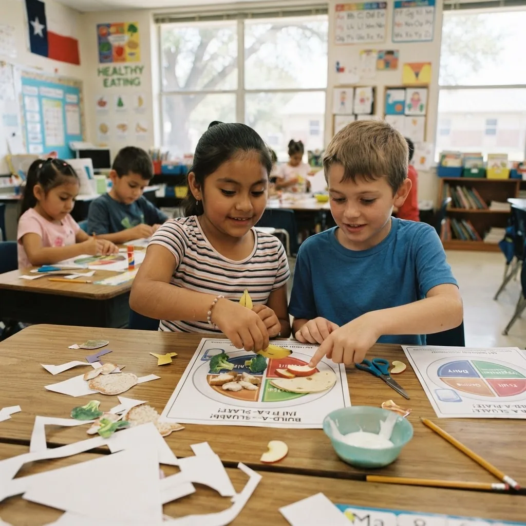 a mixed-age classroom in Texas doing a "Build-a-Plate" group activity with printed plate templates and colorful paper food cut-outs on