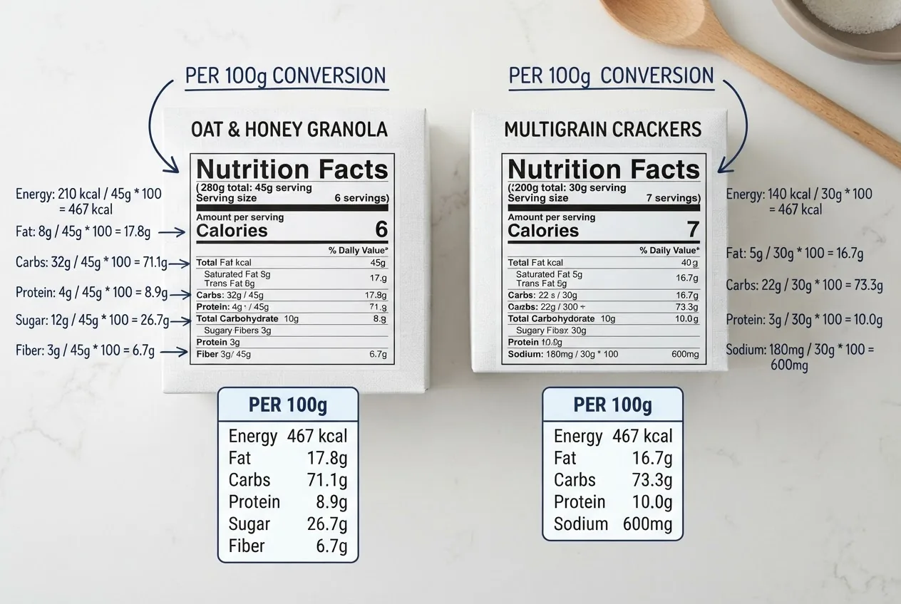 two nutrition labels side-by-side on a kitchen counter with annotations showing per-100 g conversion math overlay, clean white background,