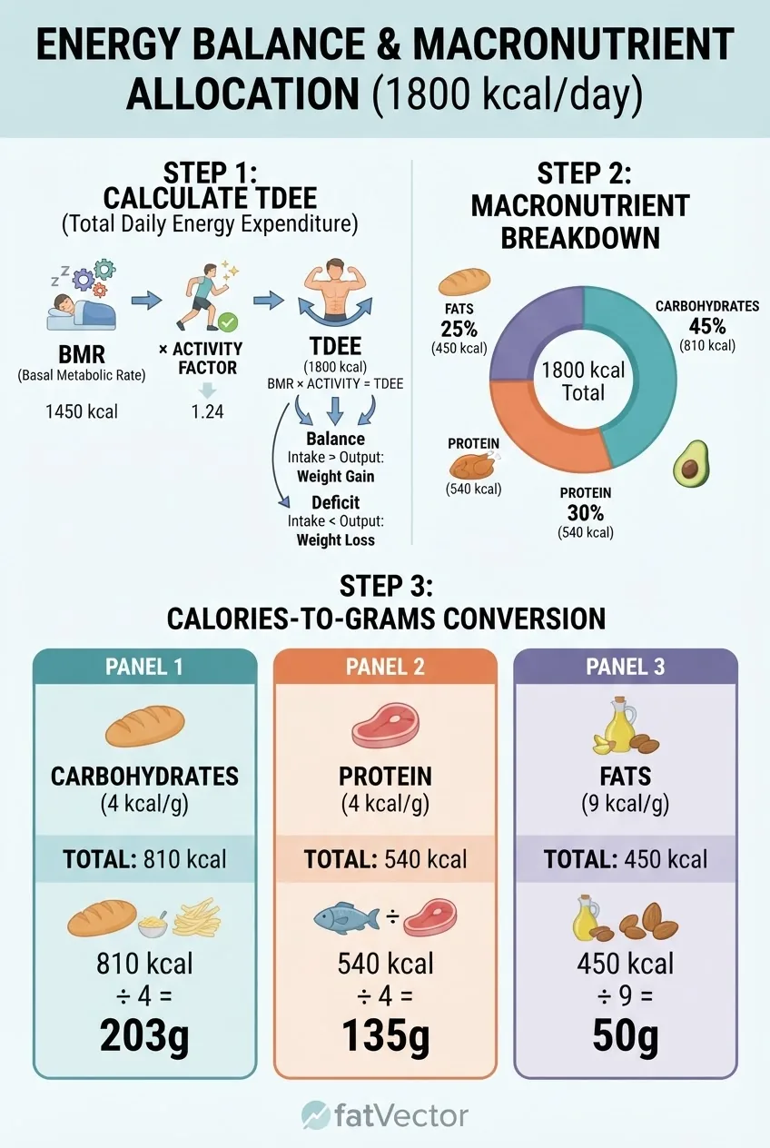 visualizes energy balance and macronutrient allocation for a 1800 kcal diet, showing calories-to-grams conversions, pie chart of macro