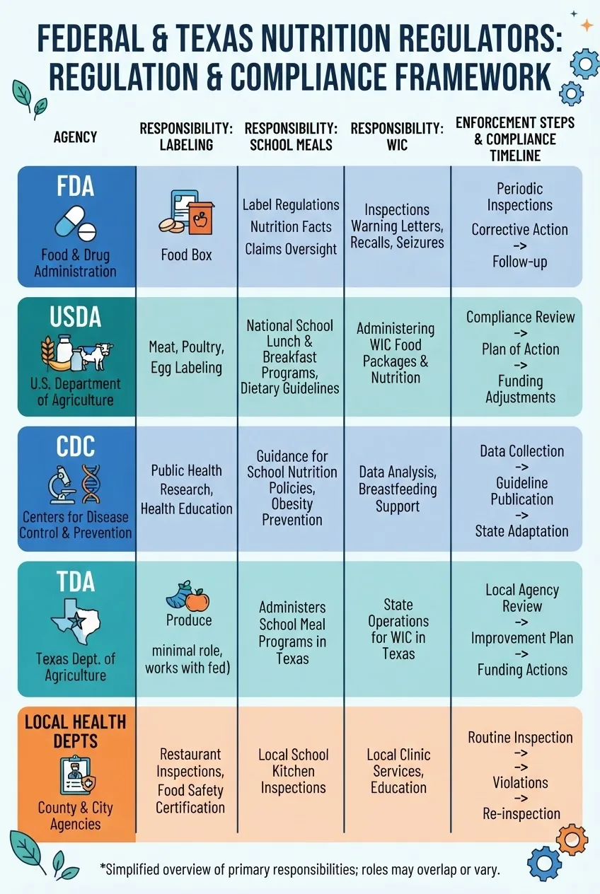 maps federal and Texas nutrition regulators, showing FDA, USDA, CDC, TDA, and local health departments; include responsibilities for