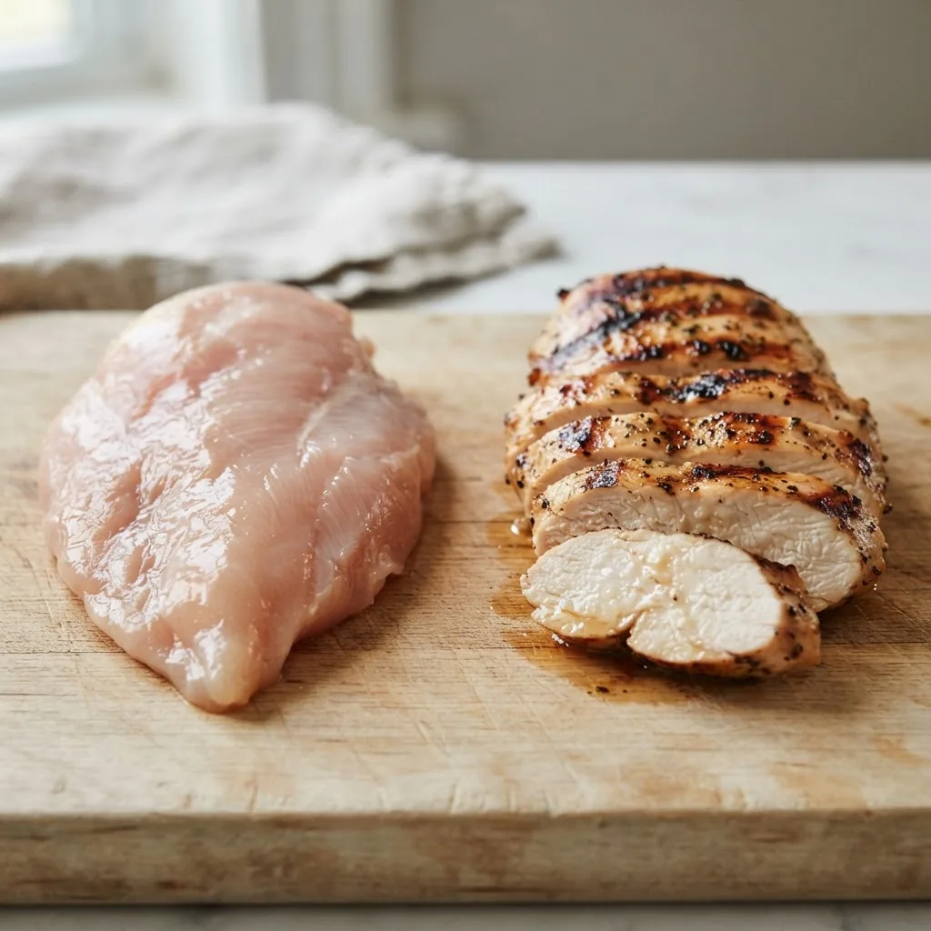 Side-by-side image of a grilled chicken breast half sliced to show juicy interior on one side and a raw chicken breast on the other, studio
