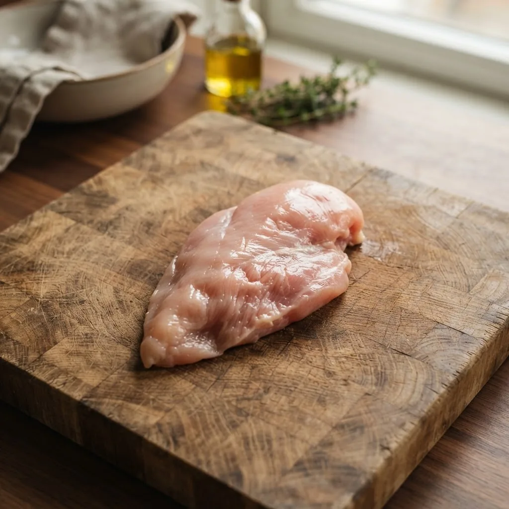 High-angle photo of a raw 100g chicken breast fillet on a rustic wooden cutting board, natural daylight, sharp focus on texture, warm color