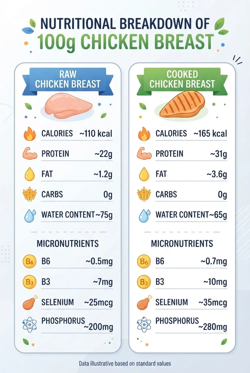 Infographic with a two-column layout comparing raw and cooked chicken breast nutrition per 100g; includes protein, fat, carbohydrates,