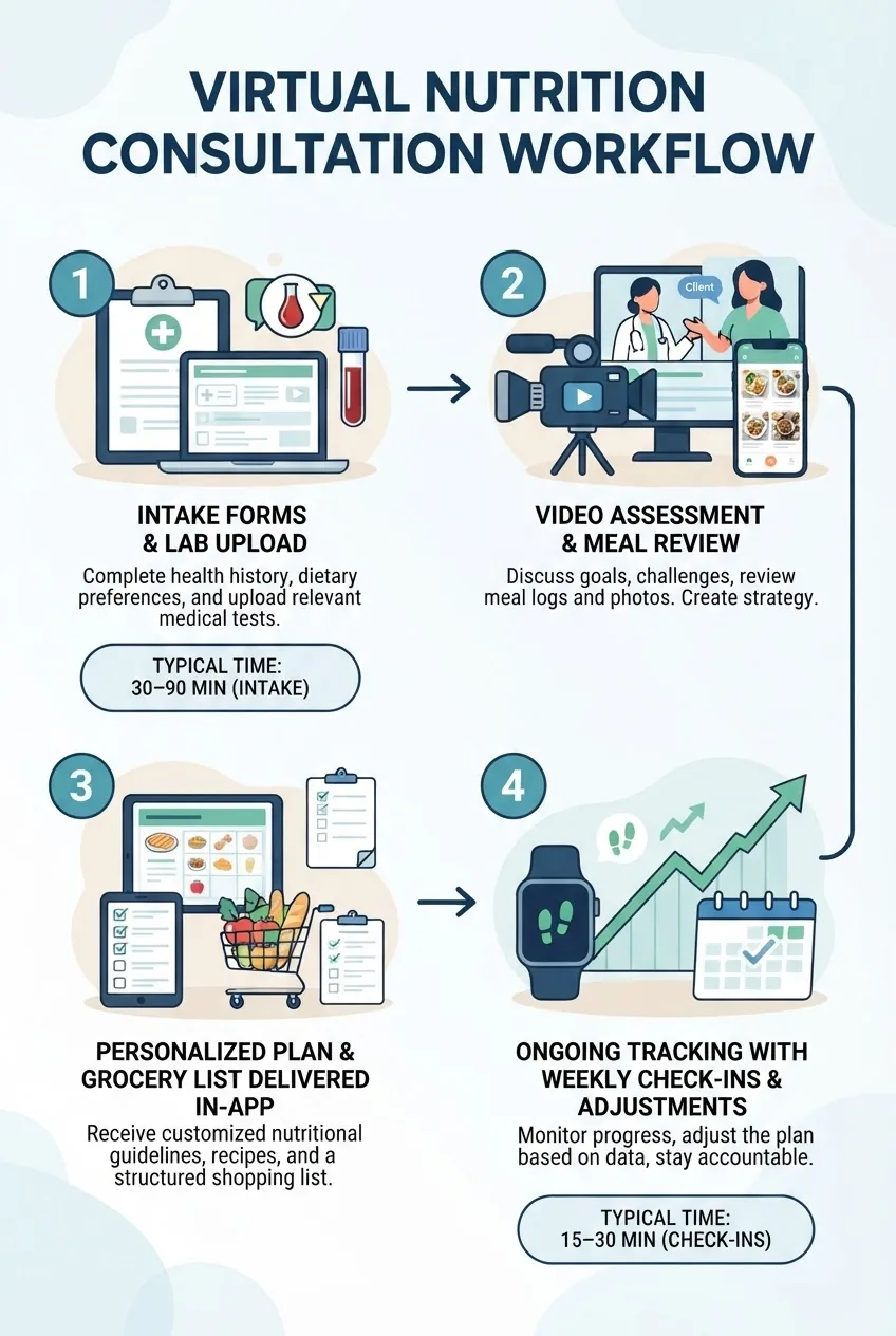 shows the virtual nutrition consultation workflow in four horizontal steps: 1) Intake forms and lab upload, 2) Video assessment and