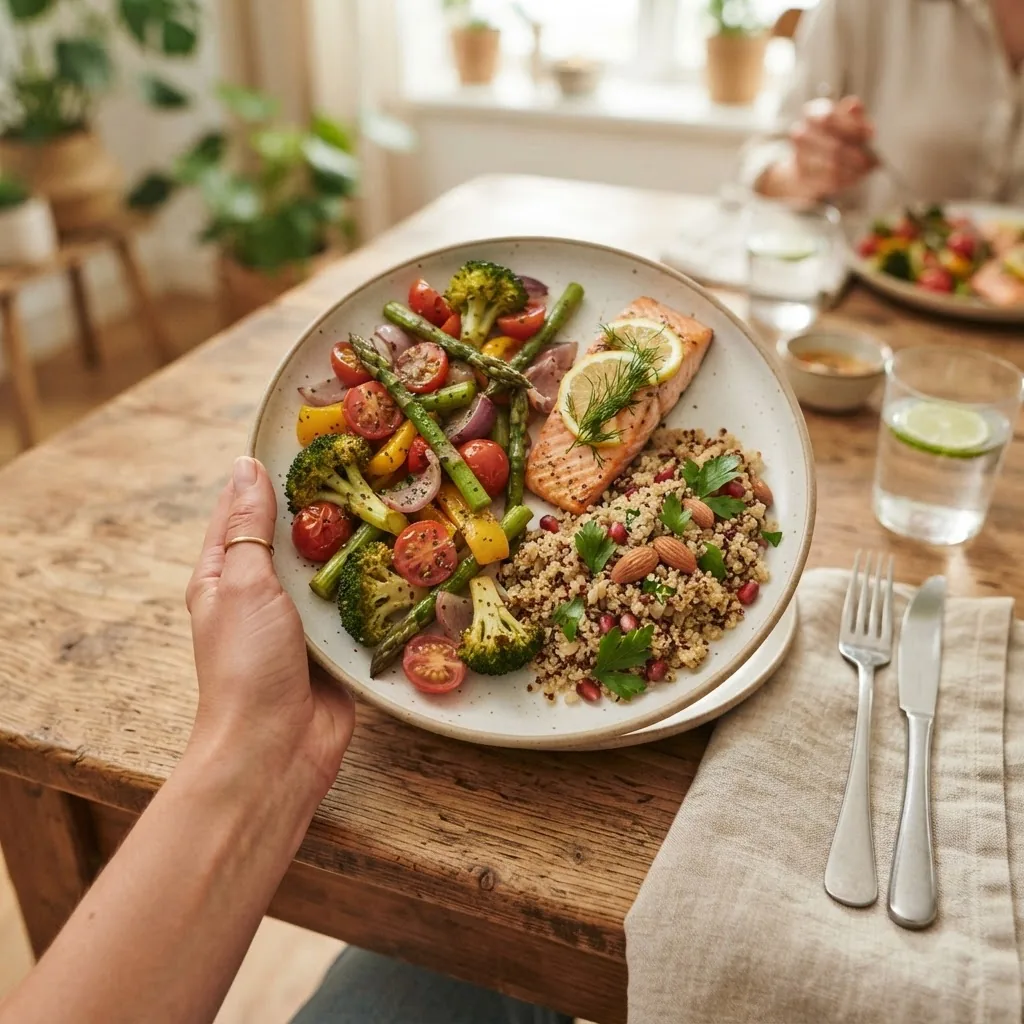 close-up of a hand holding a plate with balanced portion sizes: vegetables, lean protein, and whole grains, shot from above on a wooden
