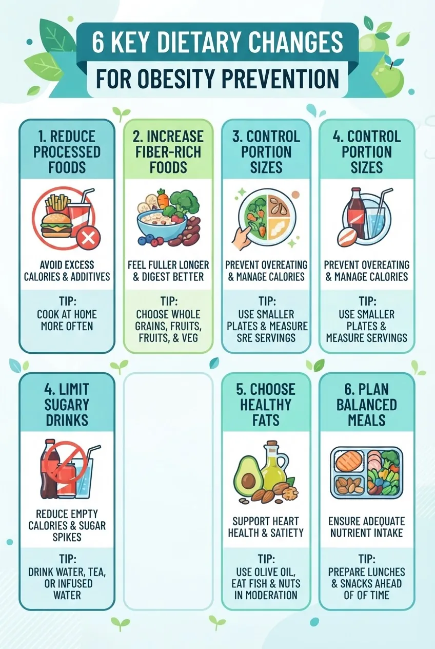 6 key dietary changes for obesity prevention: Reduce processed foods, Increase fiber-rich foods, Control portion sizes, Limit sugary