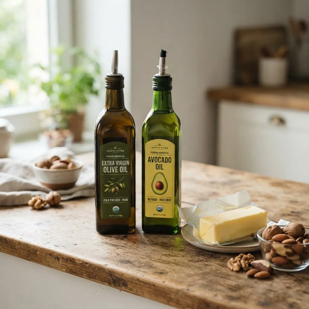 healthy cooking oils bottles (olive oil, avocado oil) and fresh nuts alongside butter, captured in natural daylight on a wooden kitchen