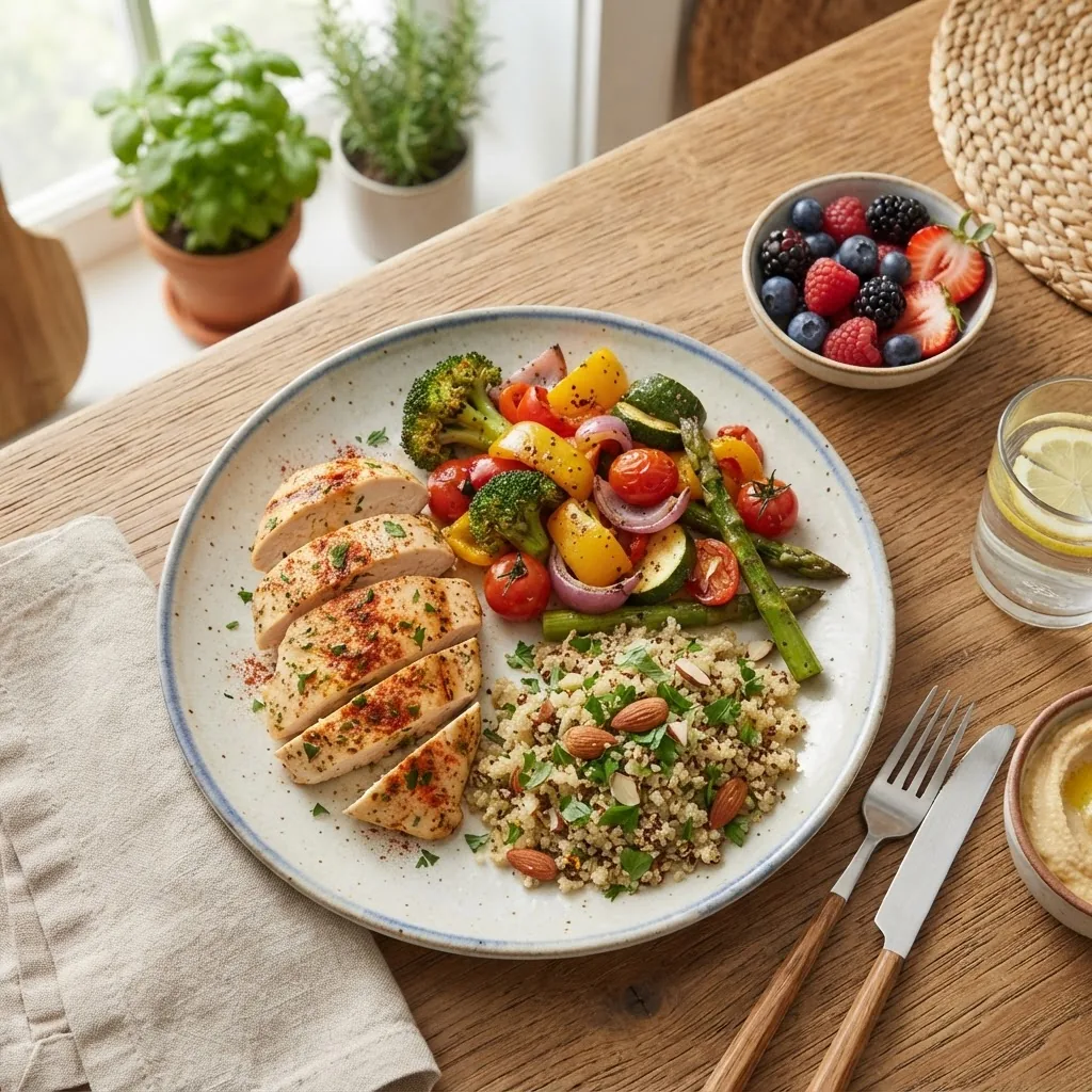 a healthy balanced meal plate featuring lean proteins, colorful vegetables, whole grains, and a small fruit portion, shot from top-down in