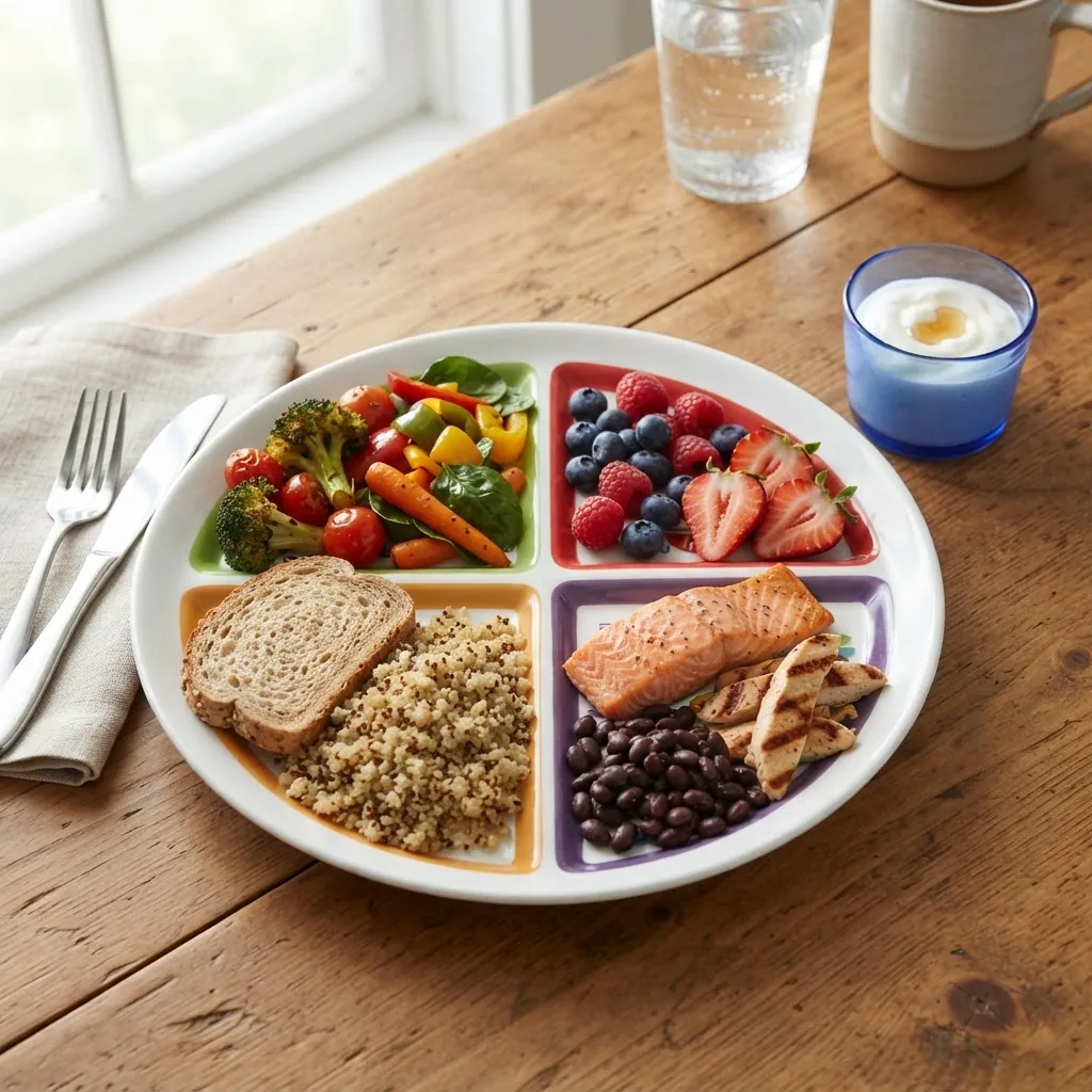 Modern depiction of MyPlate showing a divided plate with portions for vegetables, fruits, grains, protein, and dairy in vibrant colors on a