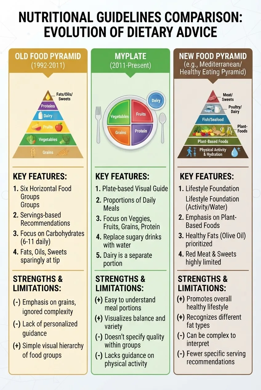 A clean infographic with a three-column side-by-side comparison: Column 1 shows the Old Food Pyramid with food group icons; Column 2 shows