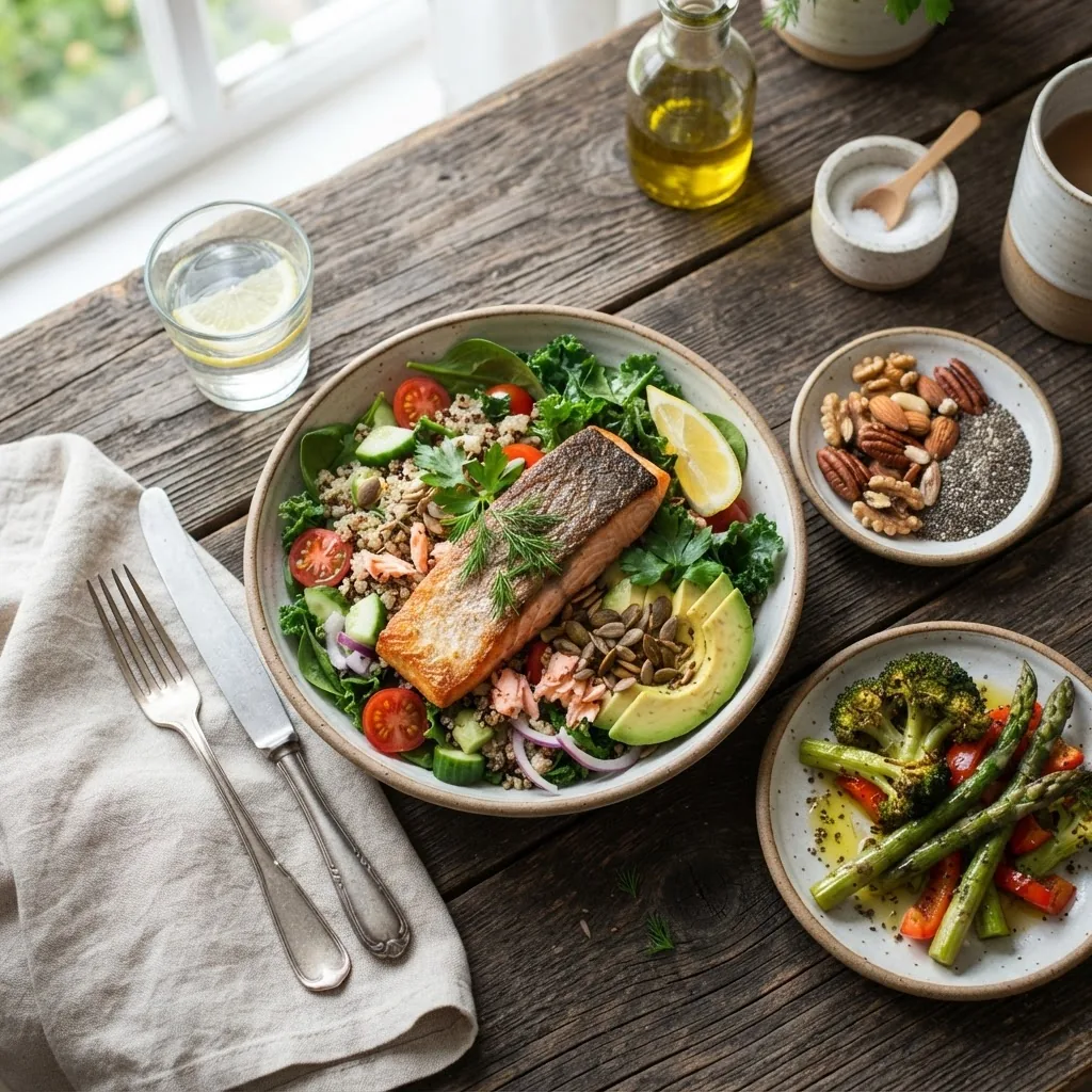 Flat lay of a healthy meal incorporating fatty fish, nuts, seeds, and vegetables on a rustic kitchen table, vibrant colors, natural morning