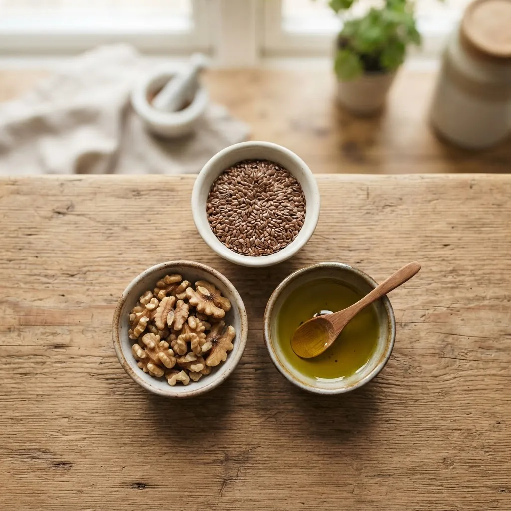 A top-down view of three small bowls arranged in a triangle on a natural wooden surface, each filled with different oils and seeds