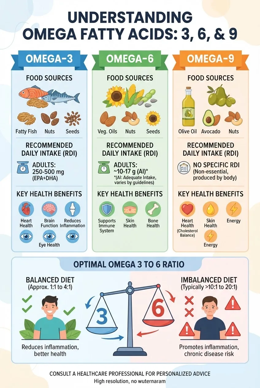 A visually clear infographic divided into three columns representing omega 3, 6, and 9, each with icons of food sources, recommended daily