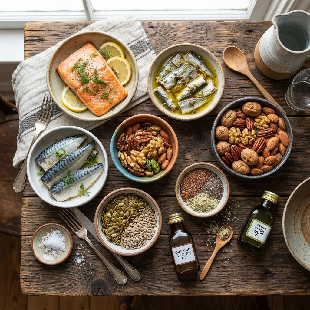 Overhead shot of a rustic wooden table featuring bowls of high omega 6 and omega 3 foods including fish, seeds, nuts, and cooking oils,