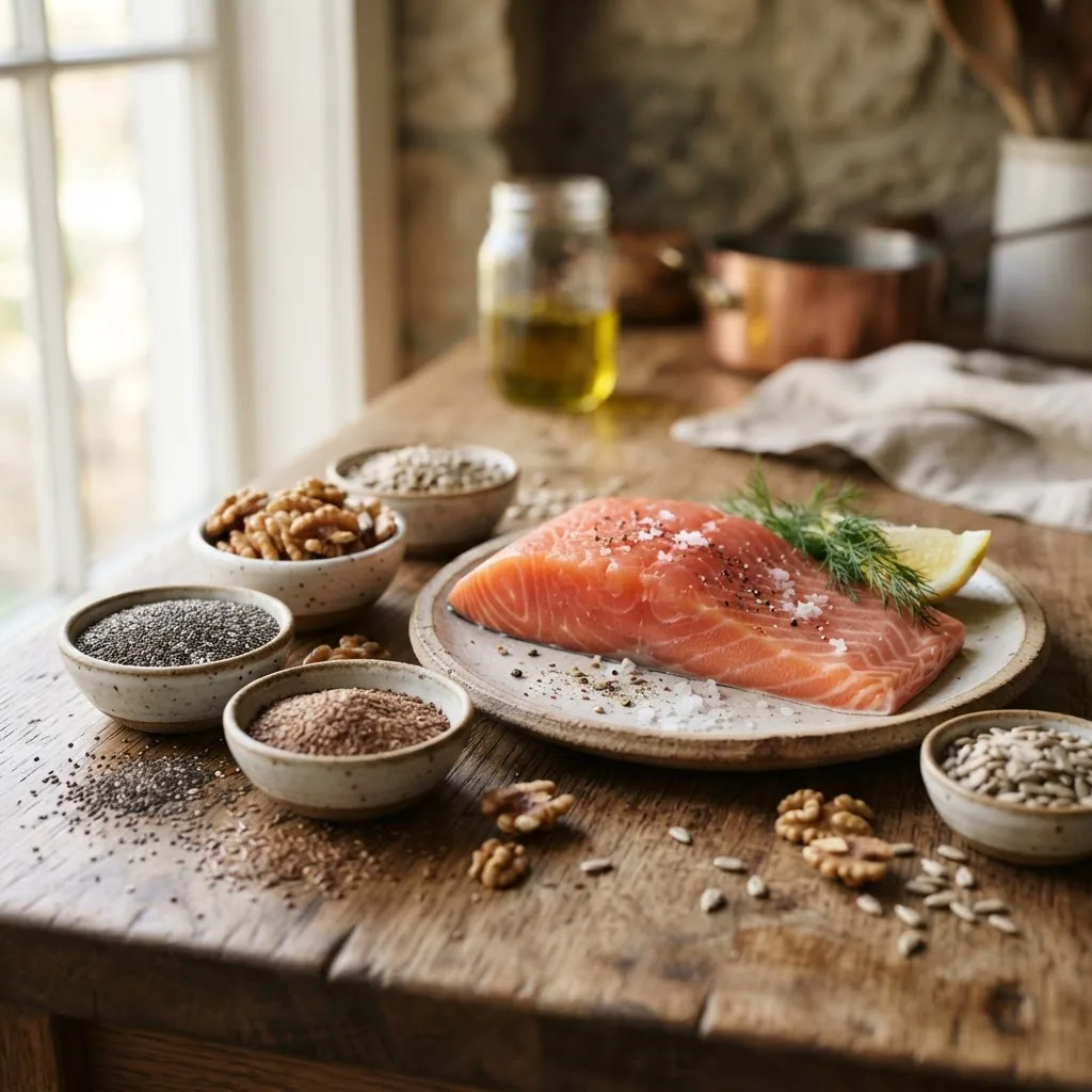 Close-up image of assorted raw omega-rich foods—wild salmon fillet, walnuts, flaxseeds, chia seeds, sunflower seeds—arranged artistically