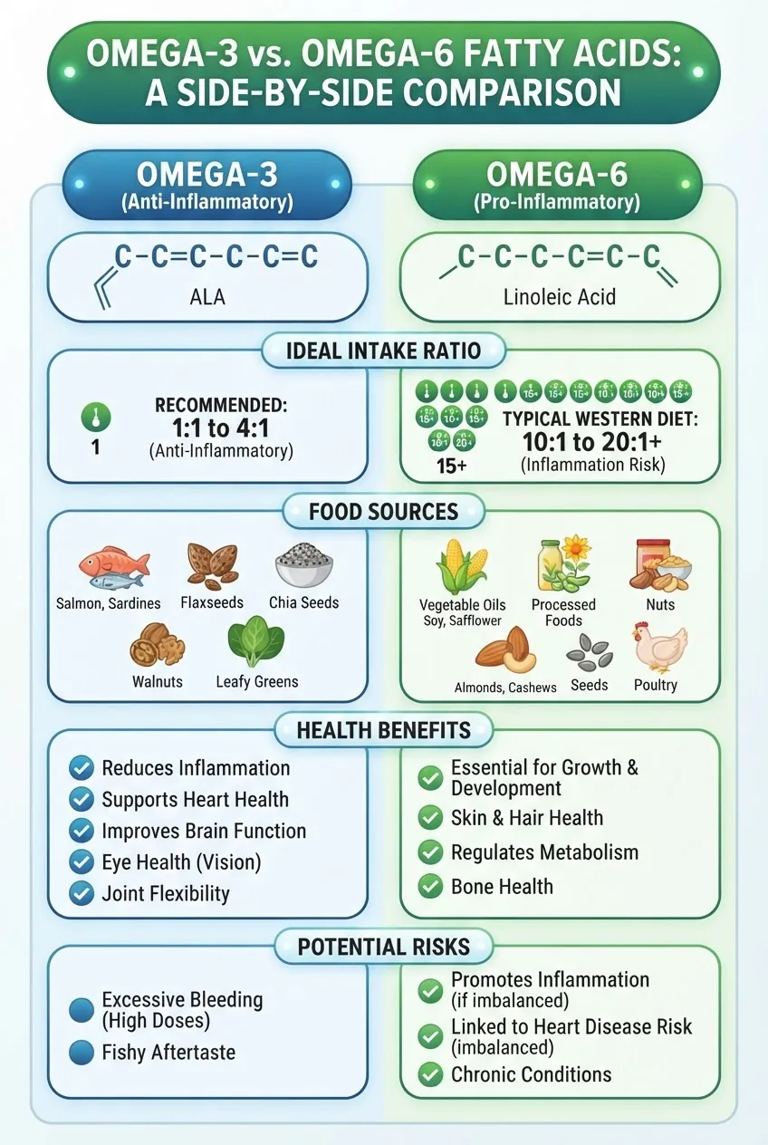 Infographic showing a side-by-side comparison of omega 3 vs omega 6 fatty acids including structure diagrams, ideal intake ratio presented