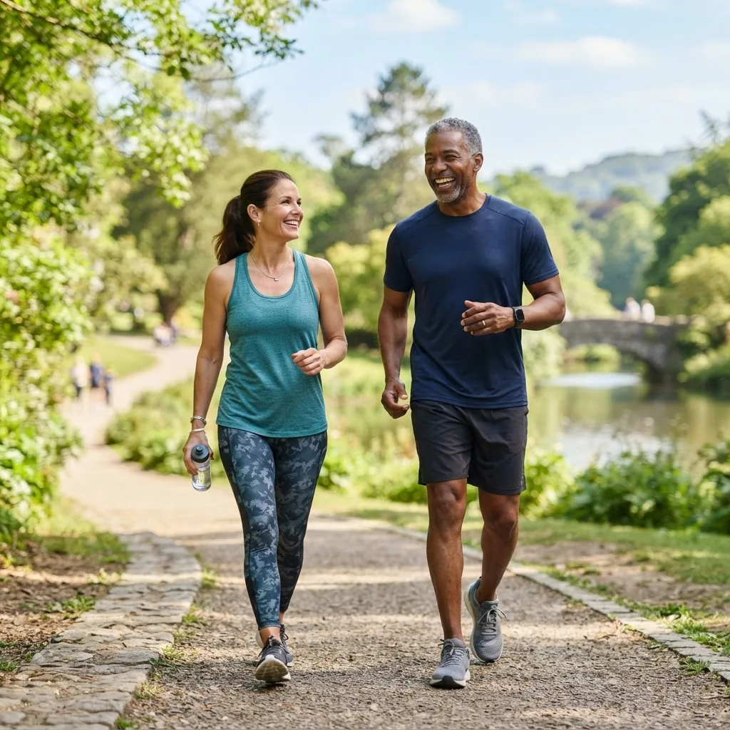 Diverse middle-aged man and woman smiling outdoors in natural light, engaging in light exercise such as walking, symbolizing active