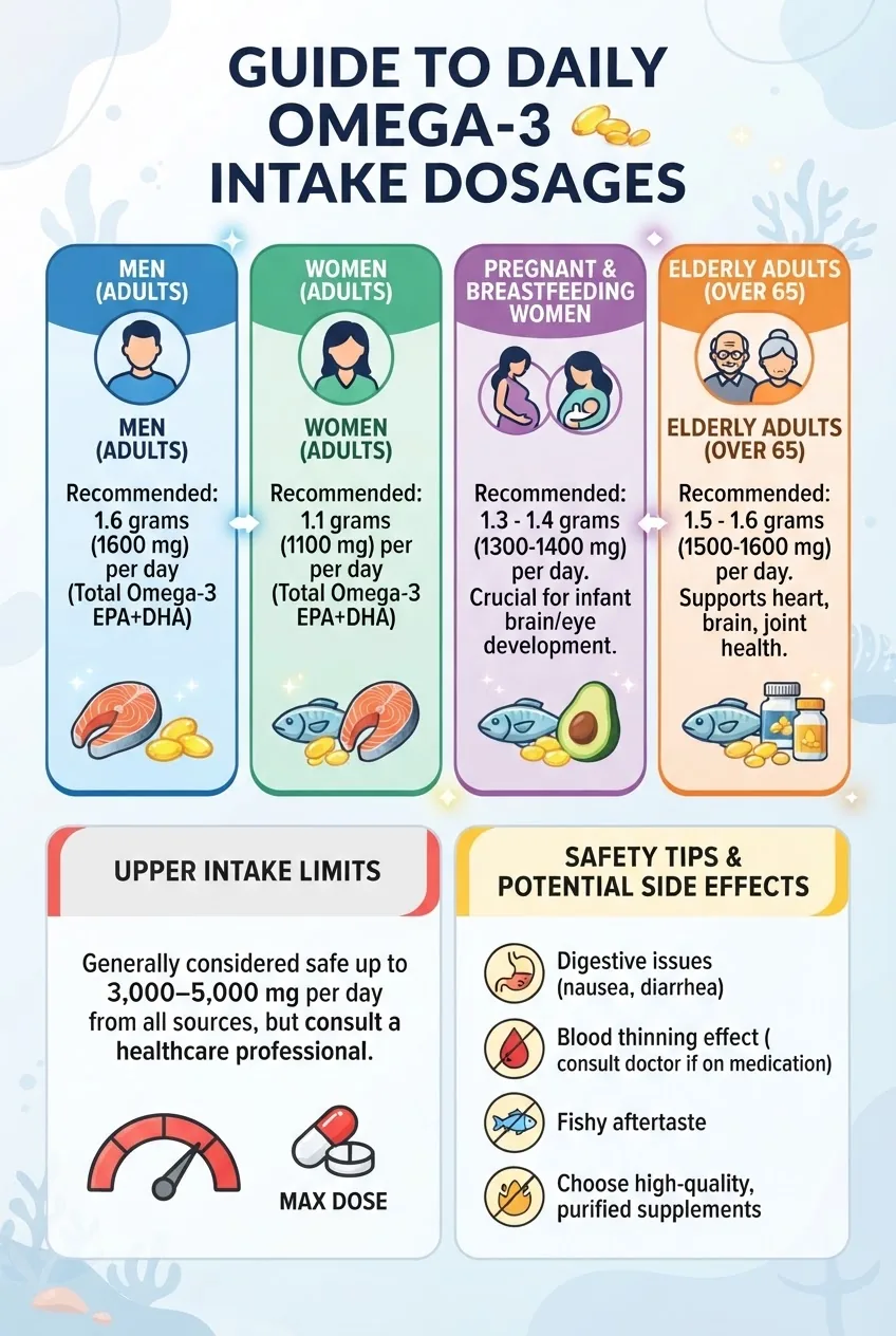 Visually clear infographic displaying recommended daily omega 3 intake dosages for men, women, and special groups (pregnant, elderly), with