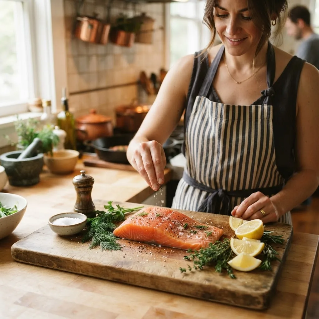 A kitchen scene with a person seasoning fresh salmon fillet on a wooden cutting board, with fresh herbs and lemon slices nearby, soft warm