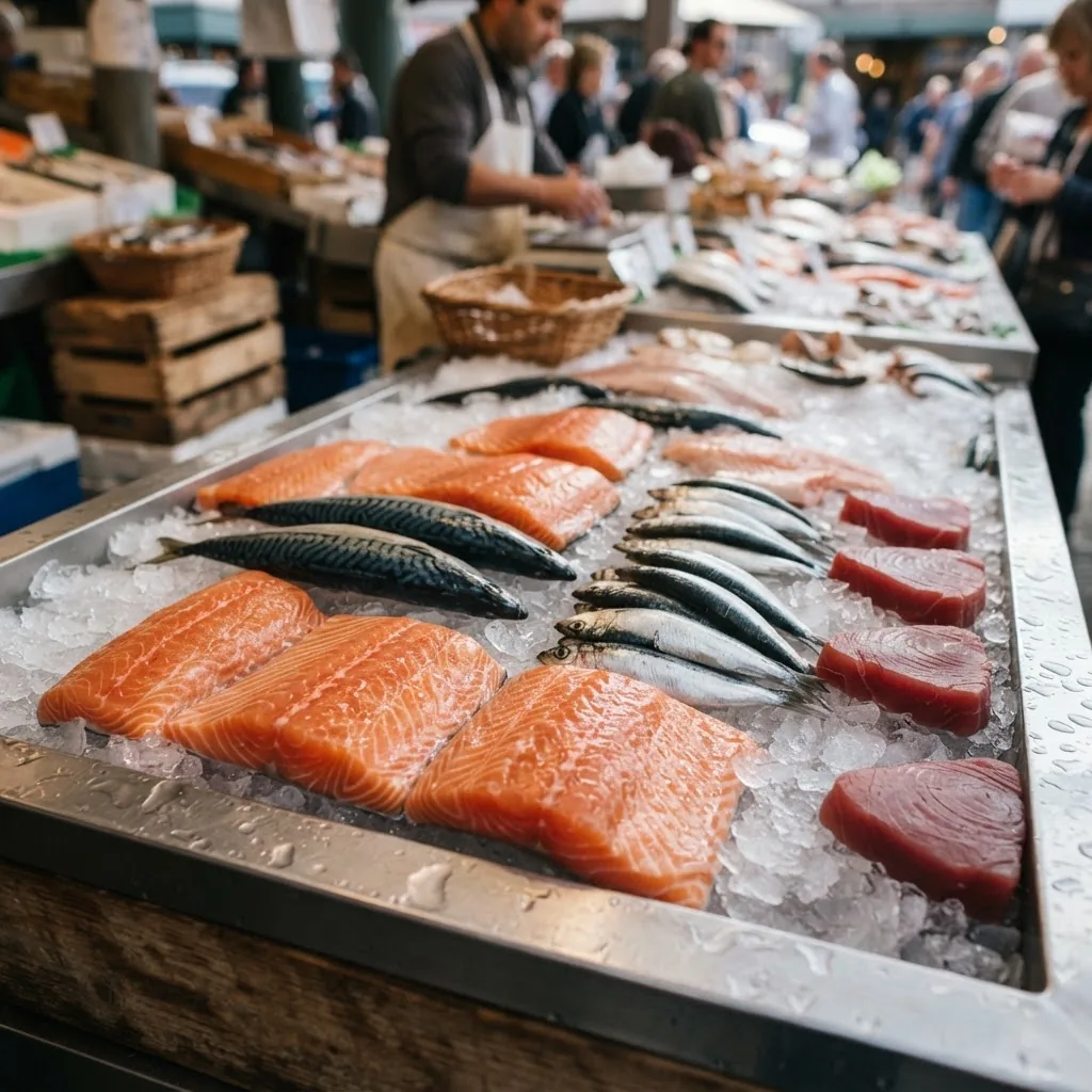 A close-up image of a variety of fresh fish fillets arranged on crushed ice in a seafood market setting, including salmon, mackerel,