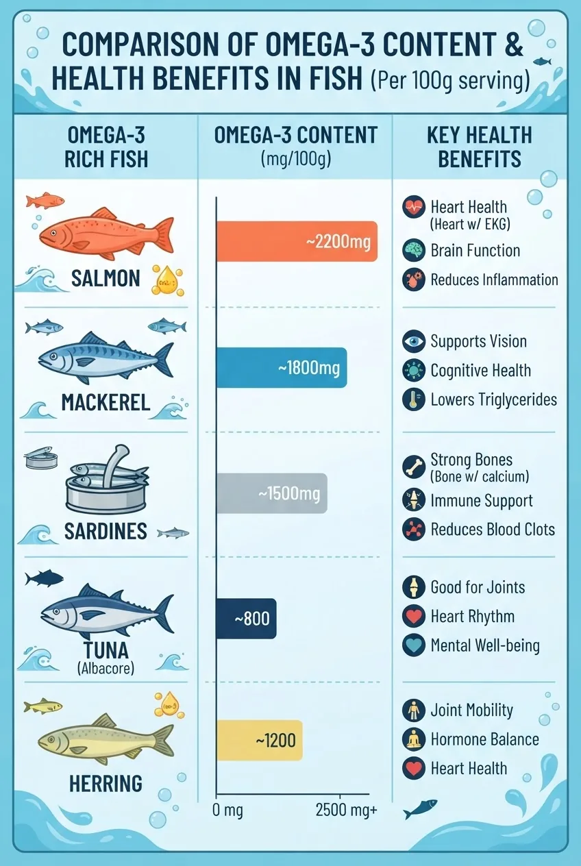 An infographic with a three-column layout comparing top omega-3 fish: Column 1 lists fish species with icons (salmon, mackerel, sardines,