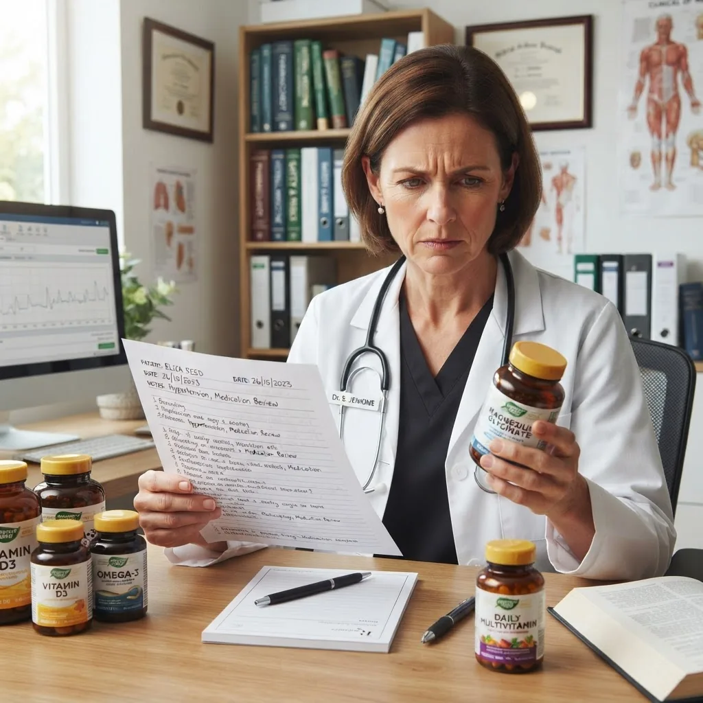 A conceptual health image showing a cautious medical professional reviewing supplement labels and patient charts with a concerned