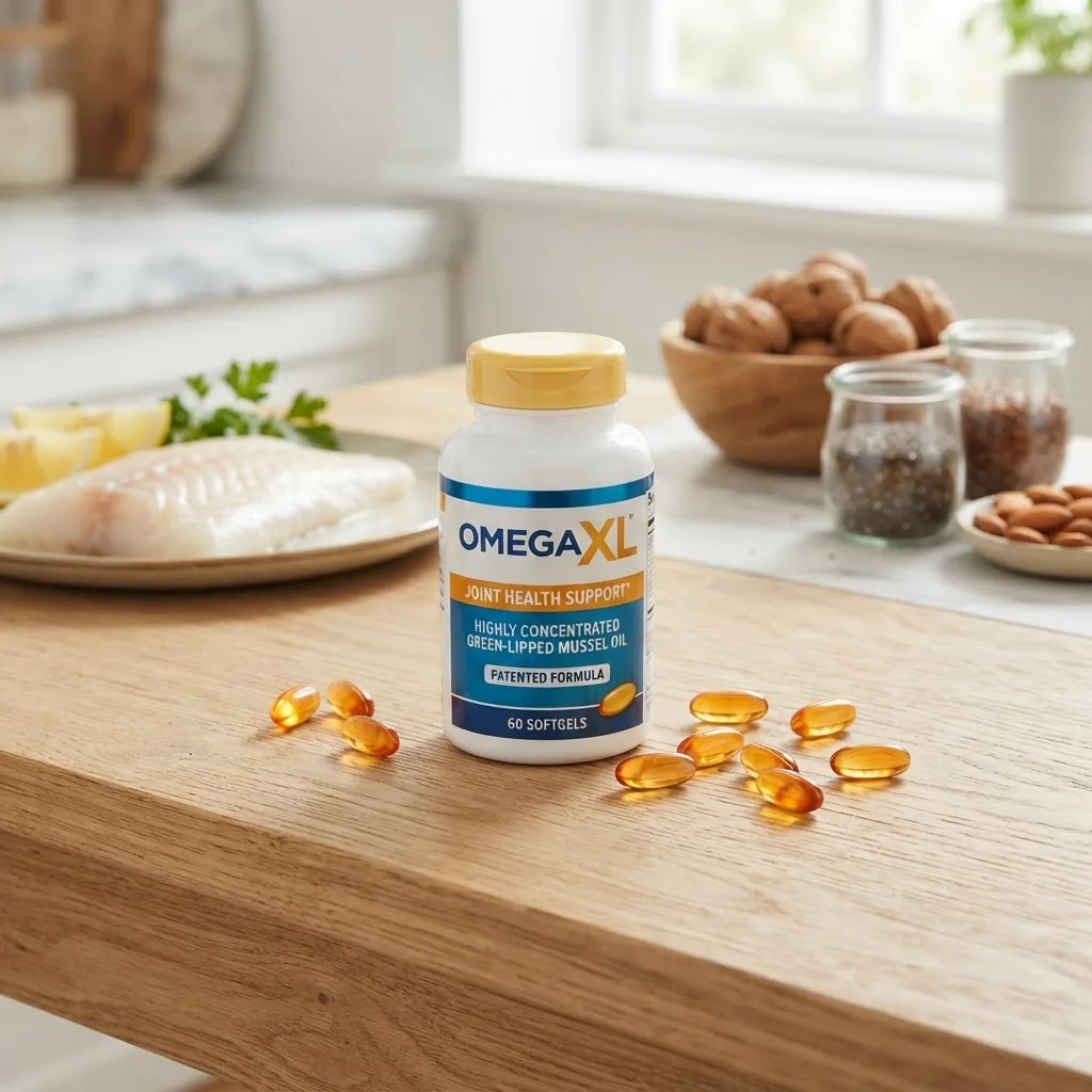 Close-up of a bottle of Omega XL supplement capsules scattered on a light wooden table with fresh cod fish and omega-3 rich foods visible