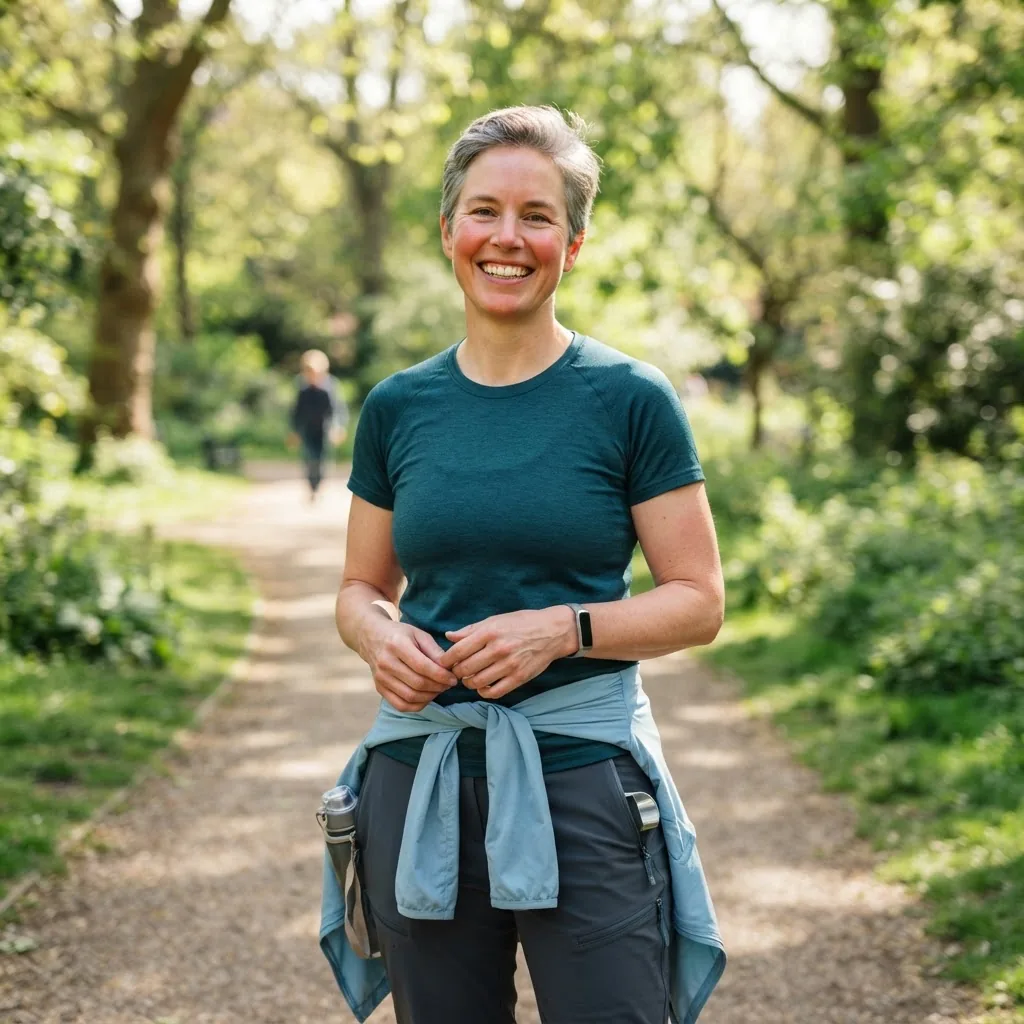 A smiling mid-aged adult (gender-neutral), standing outdoors in daylight, displaying visible health and vitality, with subtle indicators of