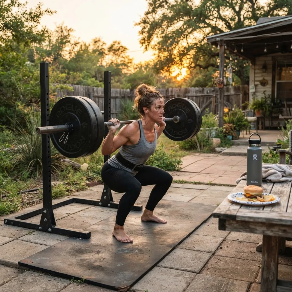 a person in a Texas backyard doing a barbell squat at 70% of 1RM in the late afternoon, water bottle and a plate ready on a table nearby,