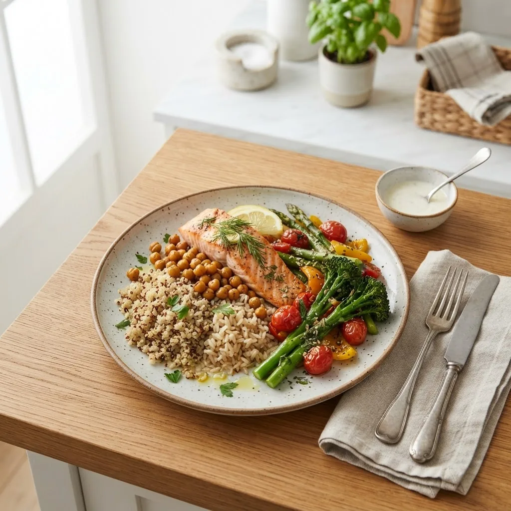 A clean, bright kitchen scene with a single well-balanced plate on a table, showing a healthy meal containing vegetables, protein, and