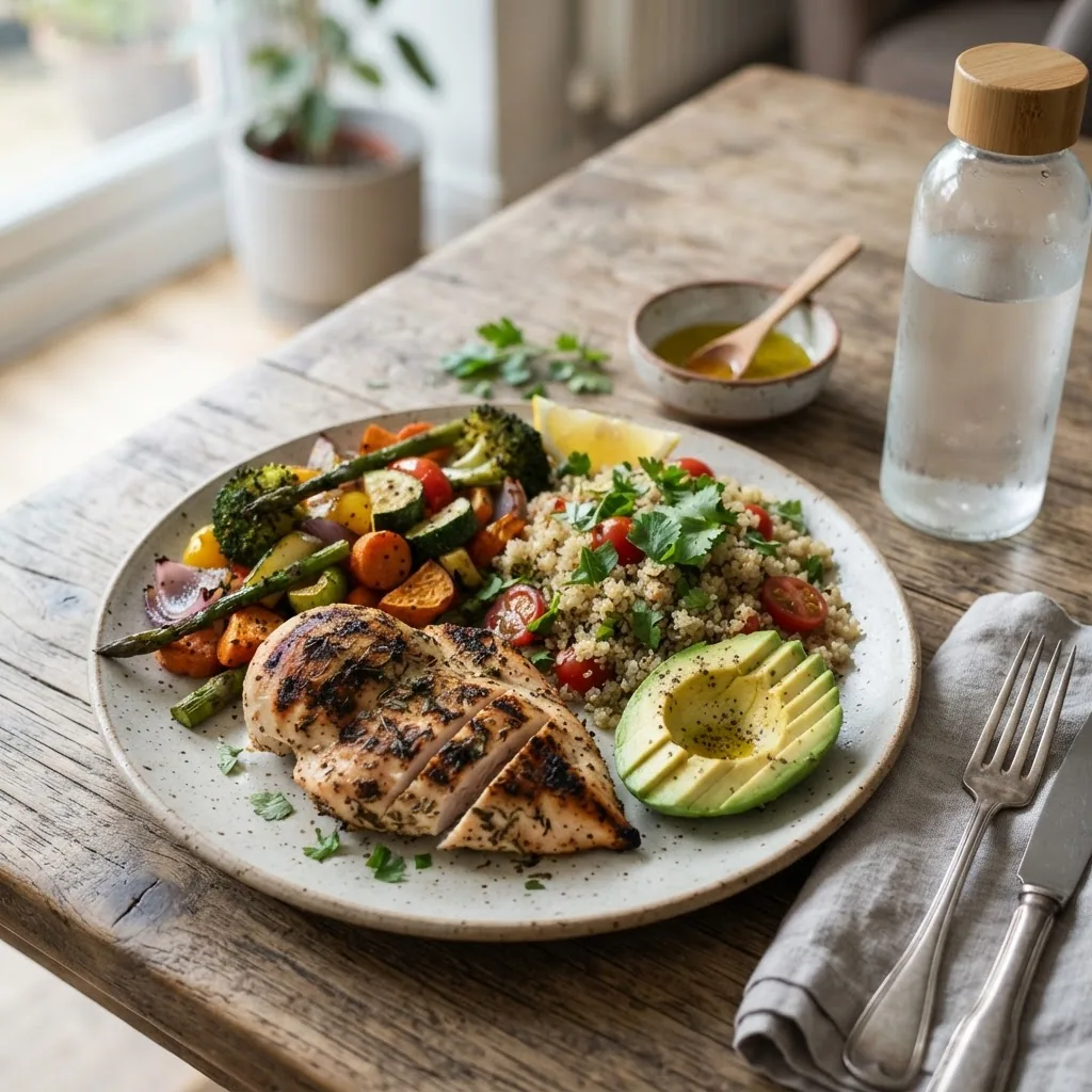 a balanced one-meal-a-day plate showing a 300g grilled chicken breast, 300g cooked quinoa, roasted mixed vegetables totaling 400g, one