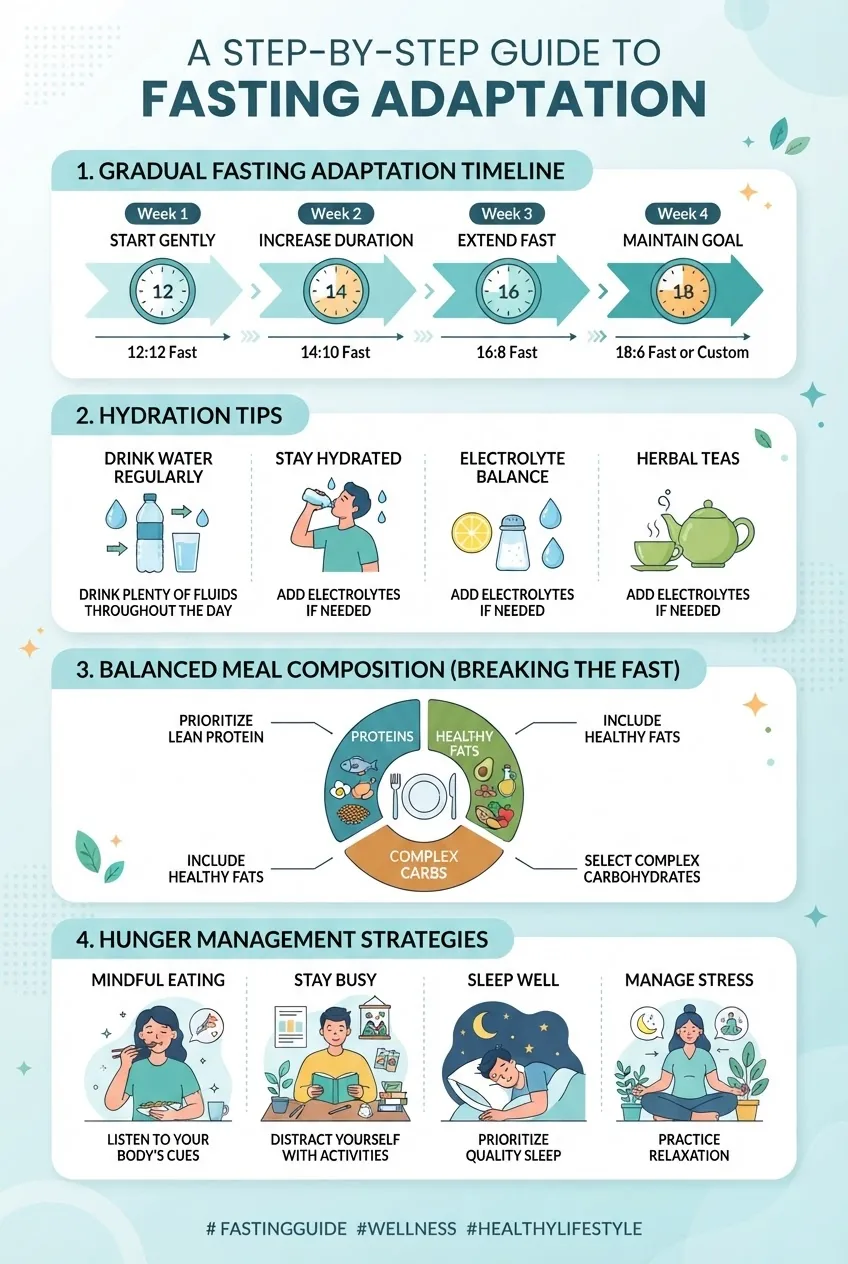 A step-by-step infographic showing: 1) Gradual fasting adaptation timeline, 2) Hydration tips with water icons, 3) Balanced meal